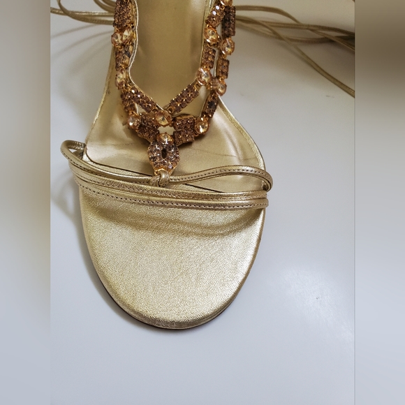 Gold Leather & Rhinestone lace up heel sandles - Picture 7 of 16
